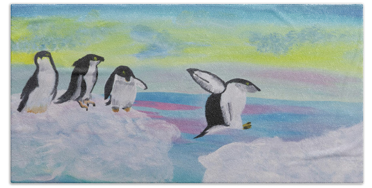 Penguins Hand Towel featuring the painting I Like Dreaming by Meryl Goudey