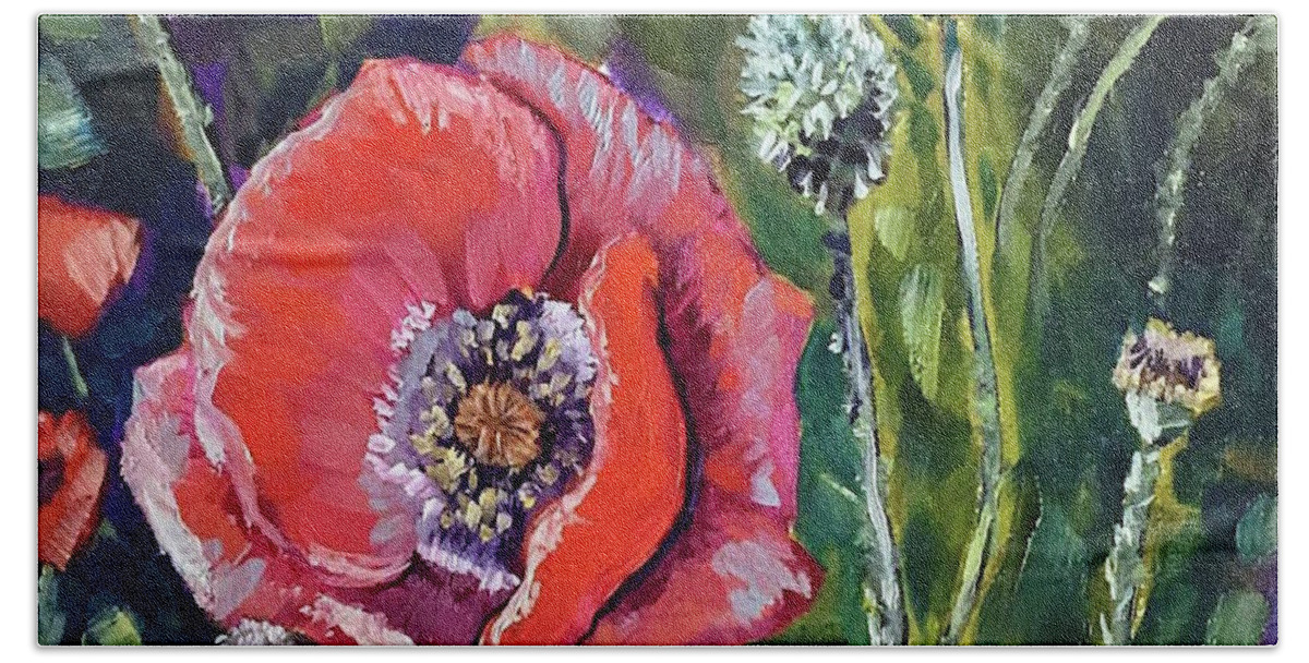 Poppy Bath Towel featuring the painting I Stand Alone Poppy by Melissa Torres