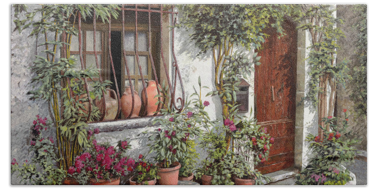 Street.landscape Hand Towel featuring the painting Dietro La Grata I Vasi by Guido Borelli