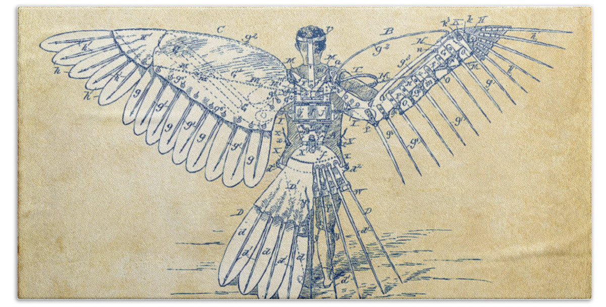 Patent Bath Towel featuring the digital art Icarus Human Flight Patent Artwork - Vintage by Nikki Smith