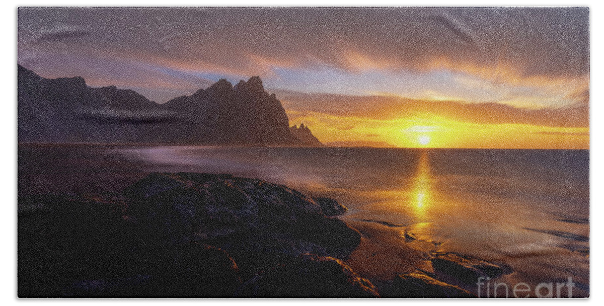 Iceland Beach Hand Towel featuring the photograph Iceland Stokksnes Dramatic Sunrise Landscape by Mike Reid