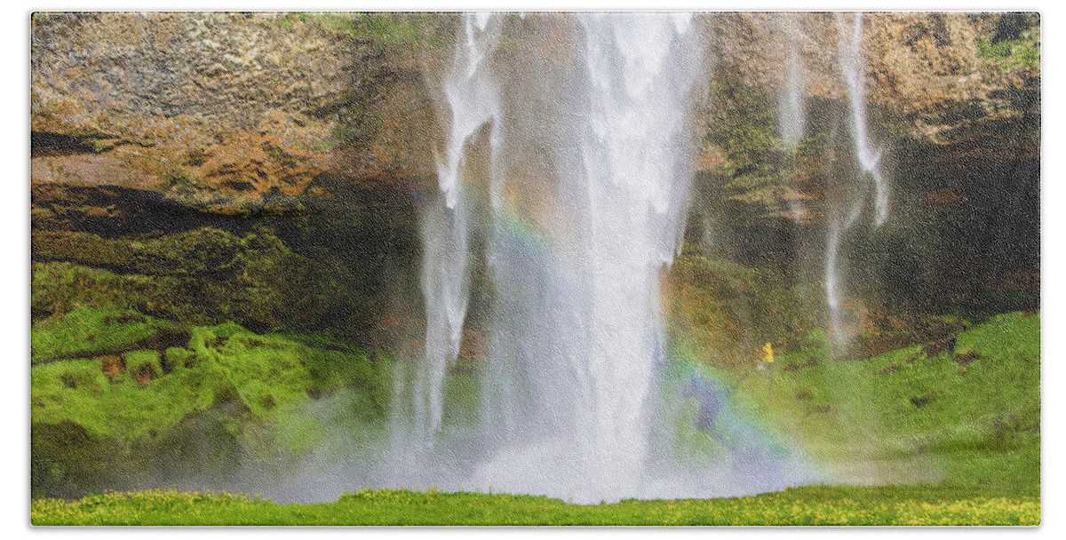 Water Bath Towel featuring the photograph Seljalandsfoss Waterfall and Rainbow, Iceland by Venetia Featherstone-Witty