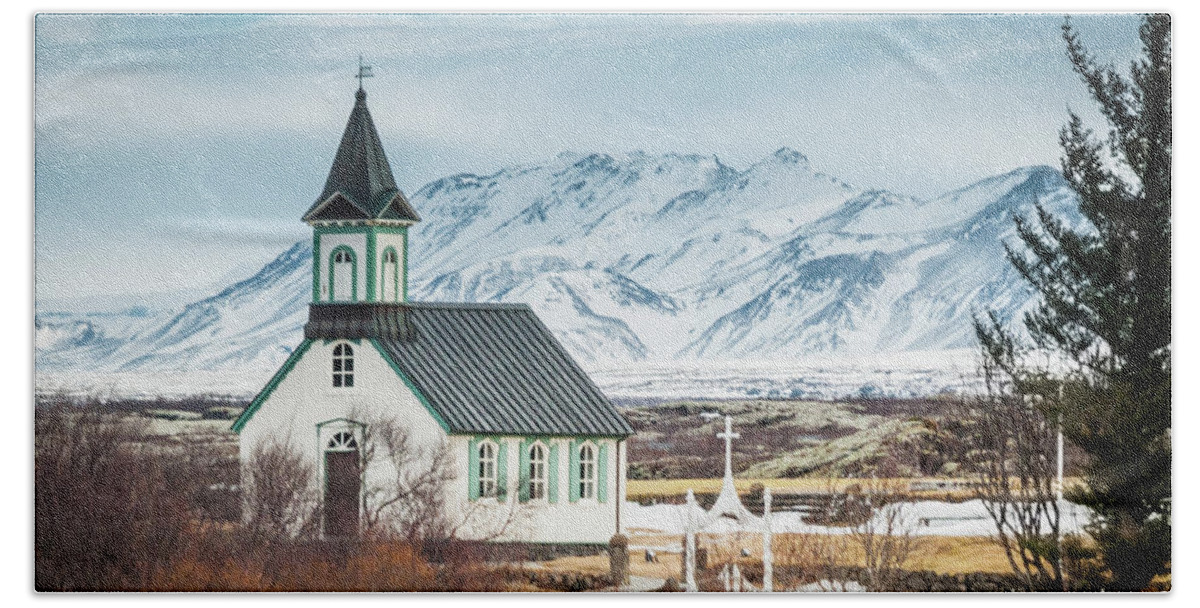 Cathedral Bath Towel featuring the photograph Icelandic Church, Thingvellir by Geoff Smith