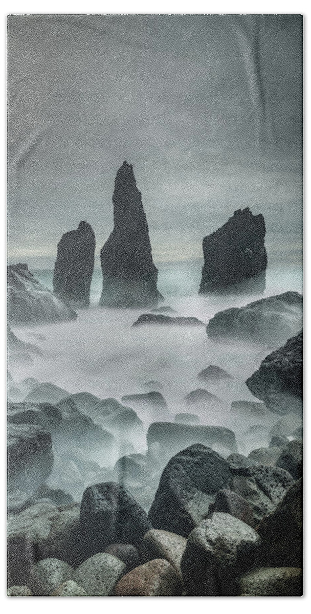 Iceland Hand Towel featuring the photograph Icelandic Storm Beach and Sea Stacks. by Andy Astbury