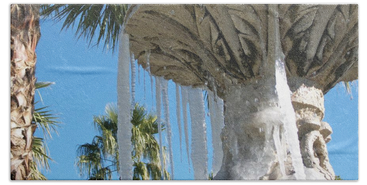 Color Photography By Heather J. Kirk And Photographic Artistry. Print On Photo Paper Bath Towel featuring the photograph Icicles in a Palm Filled Sky Number 1 by Heather Kirk