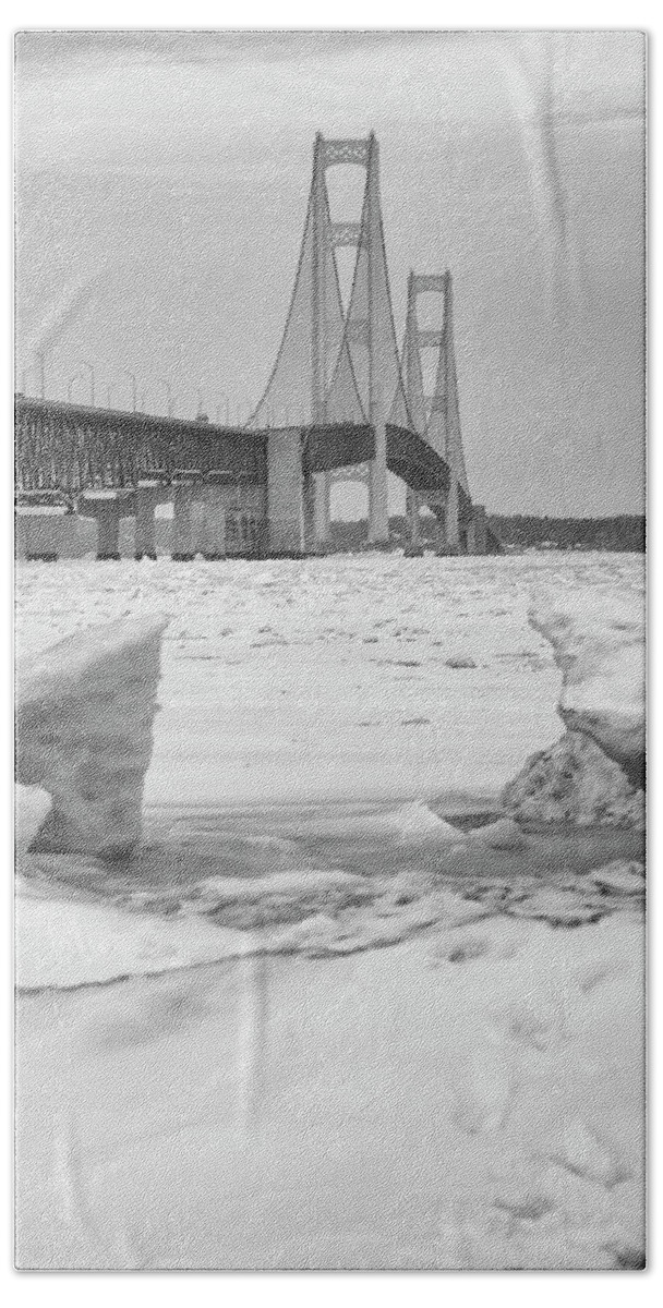 John Mcgraw Bath Towel featuring the photograph Icy Black and White Mackinac Bridge by John McGraw