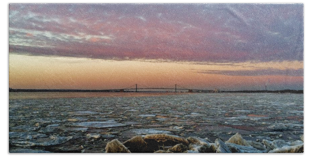 Ice Bath Towel featuring the photograph Icy Delaware at Sunset by Ed Sweeney