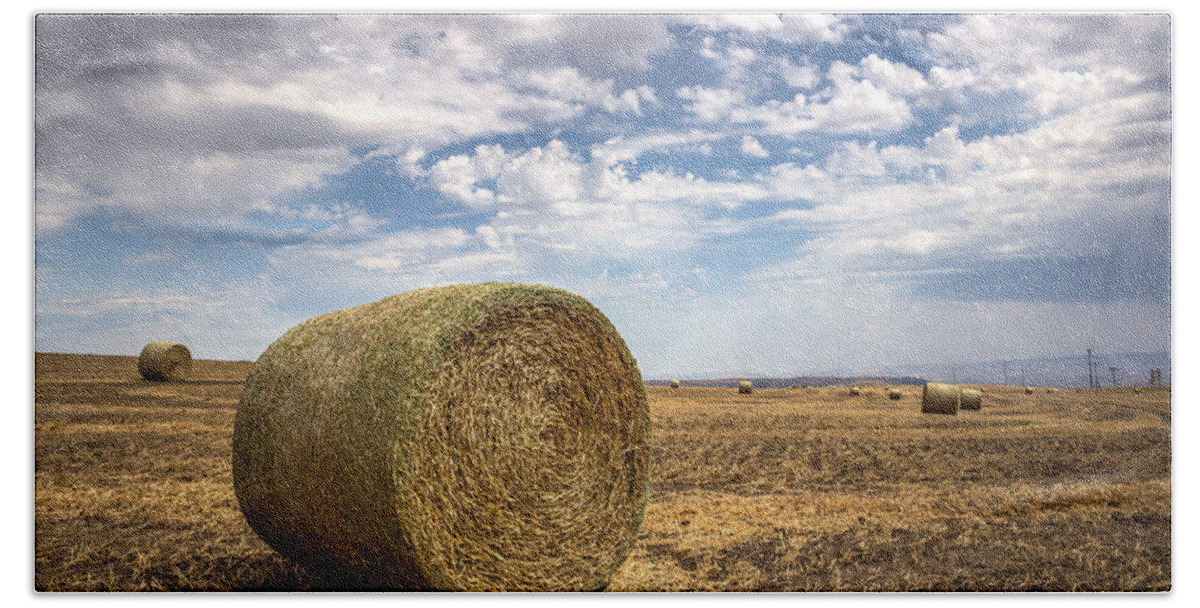 Lewiston Idaho Id Clarkston Washington Wa Lc-valley Lc Valley Pacific Northwest Lewis Clark Landscape Palouse Hay Haybale Bale Roll Field Blue Sky White Clouds Bath Towel featuring the photograph Idaho Hay Bale by Brad Stinson