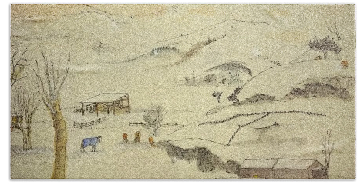 Idaho. Landscape. Winter. Snow Bath Towel featuring the painting Idaho rolled out scroll by Debbi Saccomanno Chan