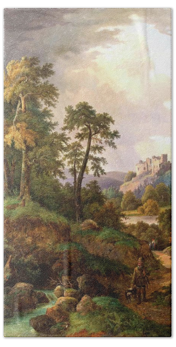 Proximity Wilhelm Schirmer (berlin 1802-1866 Nyon Or Vevey) Ideal Landscape With Hunters And Ruins In The Valley Bath Sheet featuring the painting Ideal landscape with hunters and ruins in the valley by MotionAge Designs