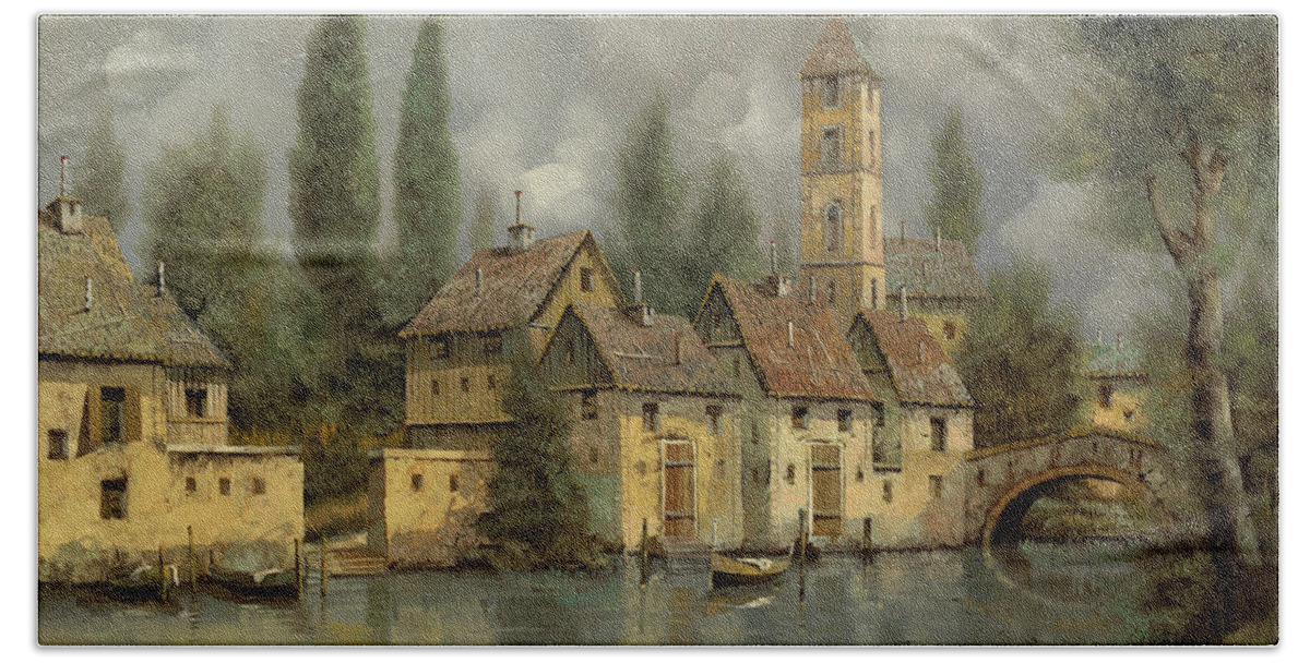 River Hand Towel featuring the painting Il Borgo Sul Fiume by Guido Borelli