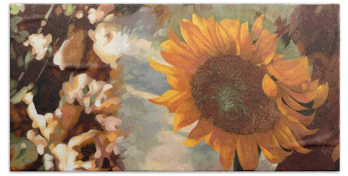 Sunflower.sunflowers Field Bath Towel featuring the painting Un Bel Girasole by Guido Borelli