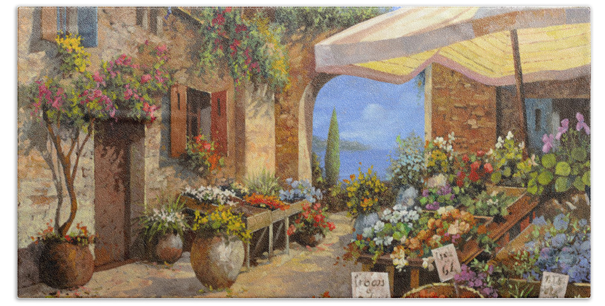 Landscape Hand Towel featuring the painting Il Mercato Al Lago by Guido Borelli