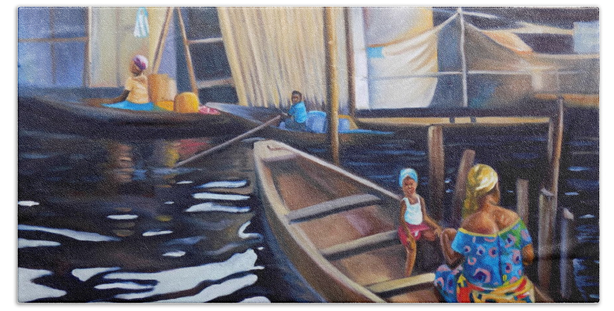 Black Hand Towel featuring the painting Ilaje Makoko Obalende by Olaoluwa Smith