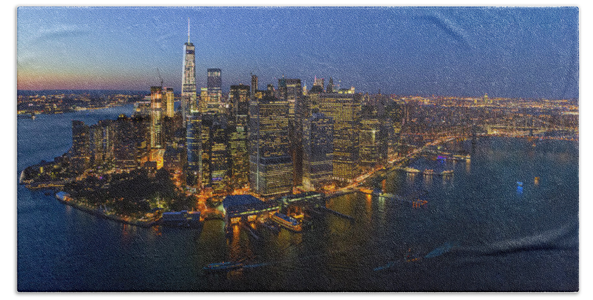 Aerial View Bath Towel featuring the photograph Illuminated Lower Manhattan NYC by Susan Candelario