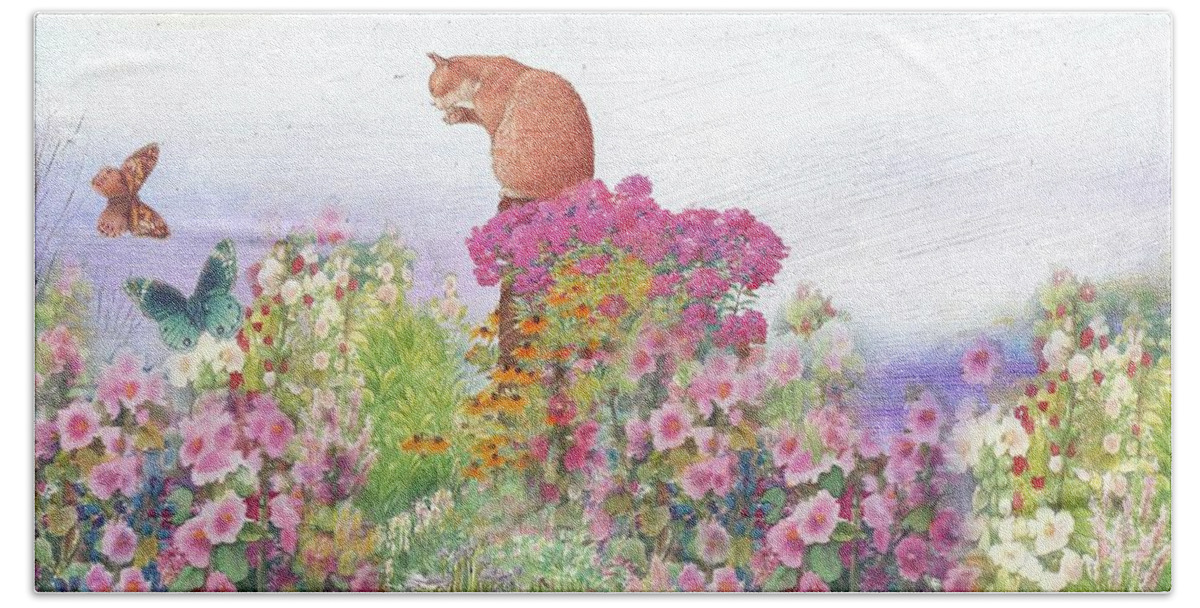 Illustrated Garden Hand Towel featuring the painting Illustrated Cat in Garden by Judith Cheng