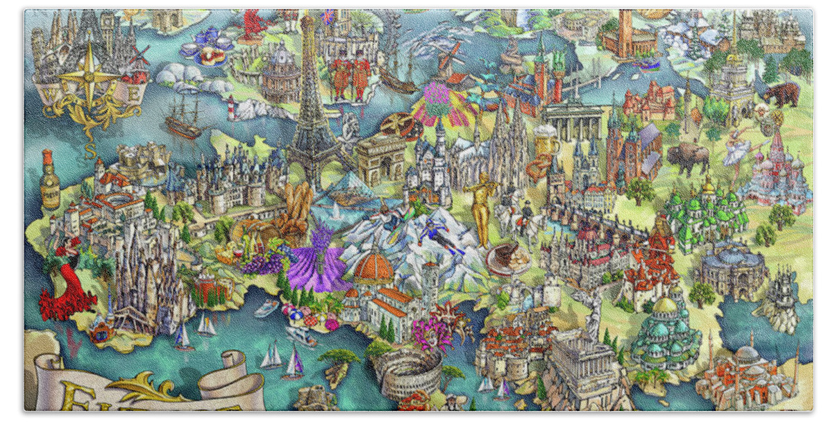 Europe Bath Towel featuring the painting Illustrated Map of Europe by Maria Rabinky