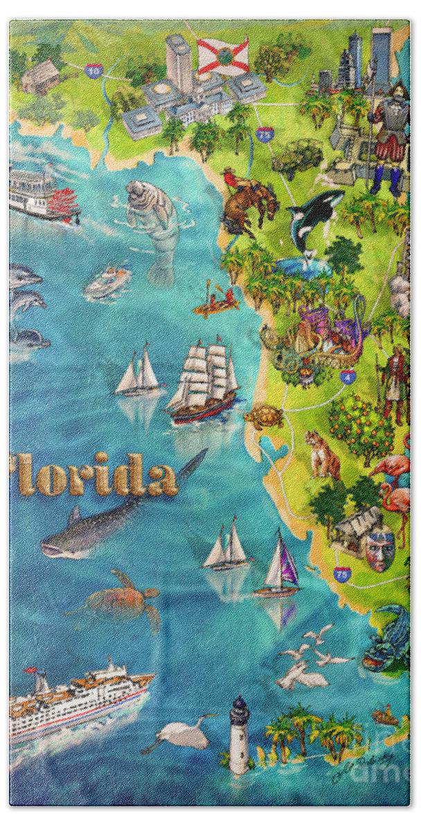 Castillo De San Marcos National Monument Hand Towel featuring the painting Illustrated Map of Florida by Maria Rabinky