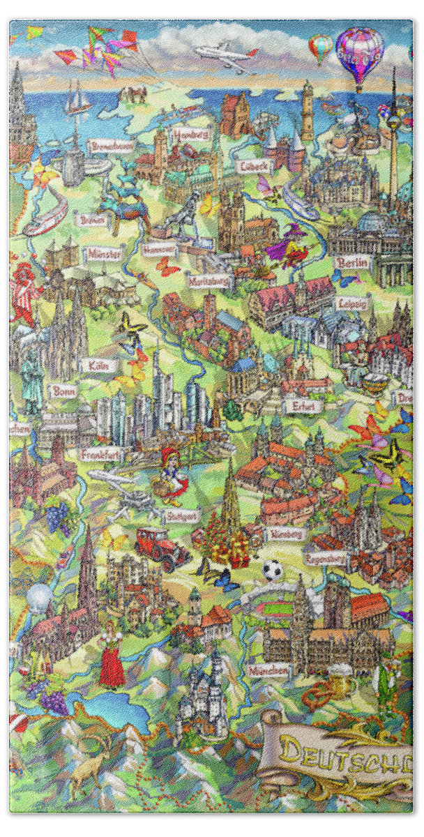 Germany Map Bath Towel featuring the painting Illustrated Map of Germany by Maria Rabinky
