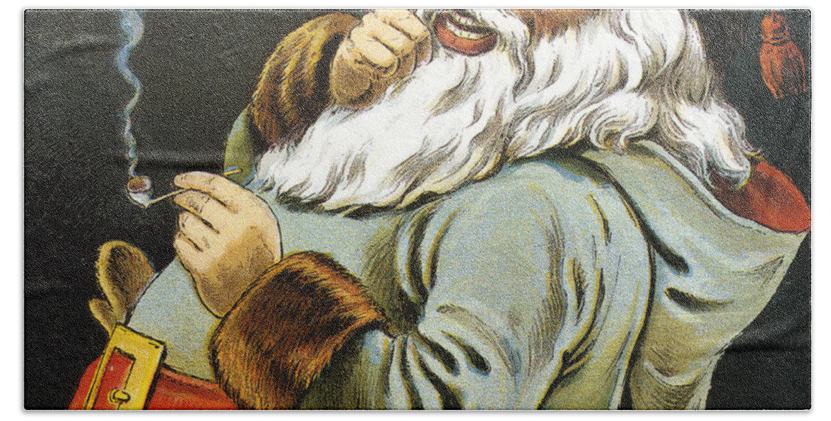 Christmas Hand Towel featuring the painting Illustration of Santa Claus Smoking a Pipe by American School
