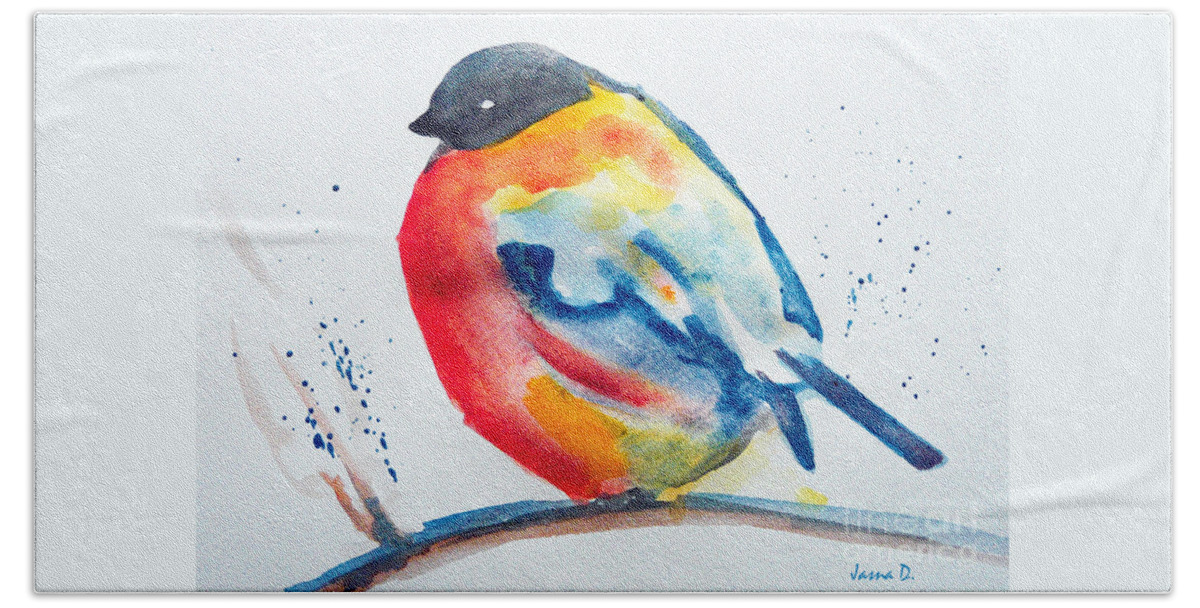 Bird Robin Hand Towel featuring the painting I'm cold by Jasna Dragun