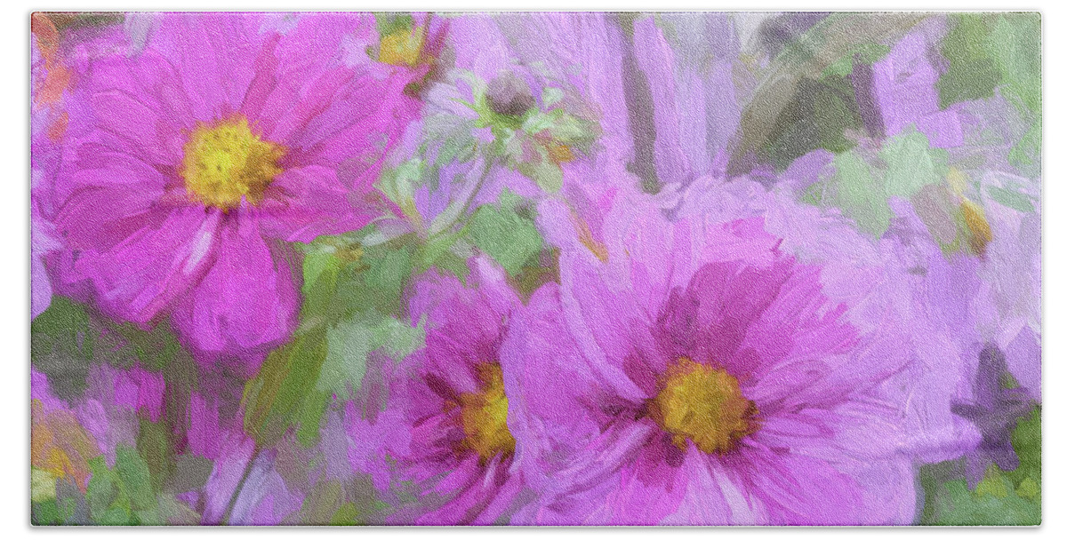 Painted Photo Hand Towel featuring the painting Impasto Cosmos by Bonnie Bruno