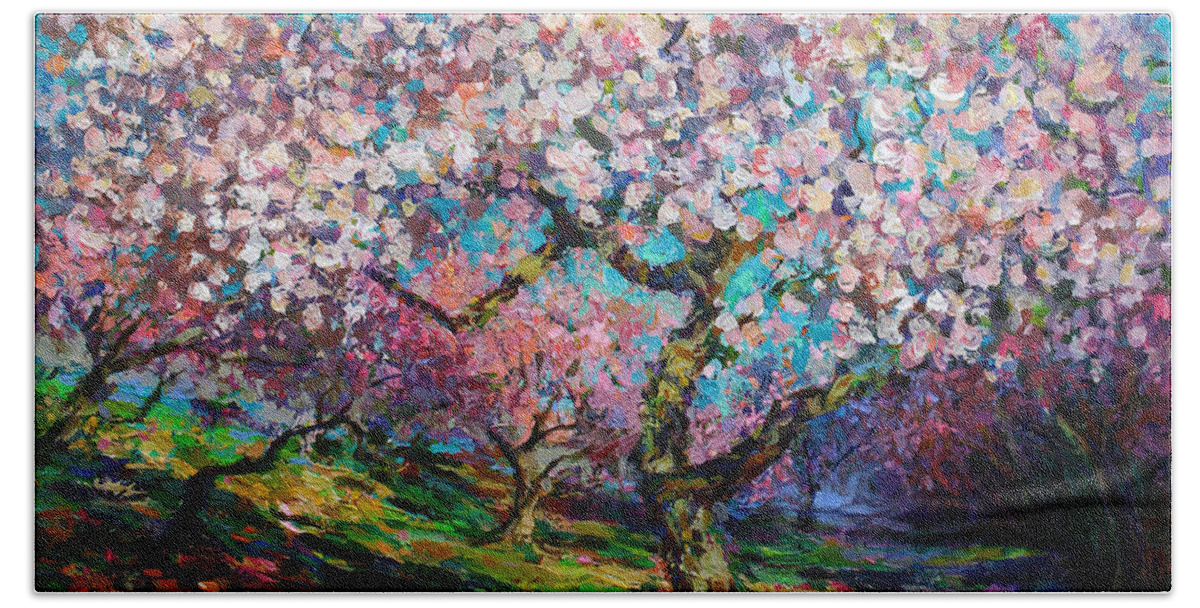 Spring Blossoms Painting Bath Towel featuring the painting Impressionistic Spring Blossoms Trees Landscape painting Svetlana Novikova by Svetlana Novikova