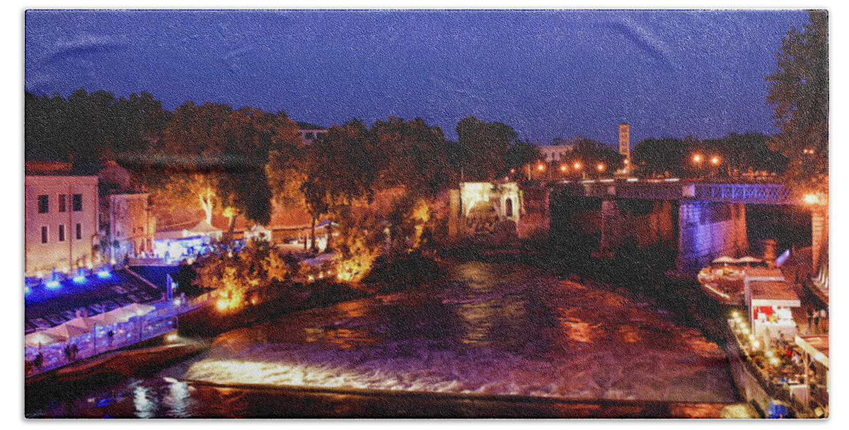 Georgia Mizuleva Bath Towel featuring the painting Impressions of Rome - Summer Festival on the Banks of Tiber River by Georgia Mizuleva
