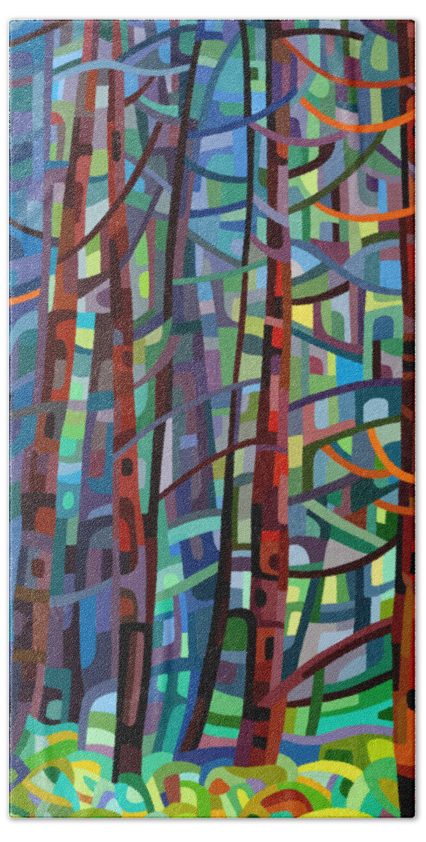 Abstract Bath Towel featuring the painting In a Pine Forest by Mandy Budan