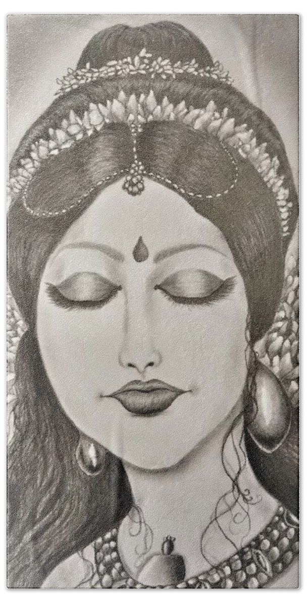 Apsara Hand Towel featuring the drawing In contemplative mood by Tara Krishna
