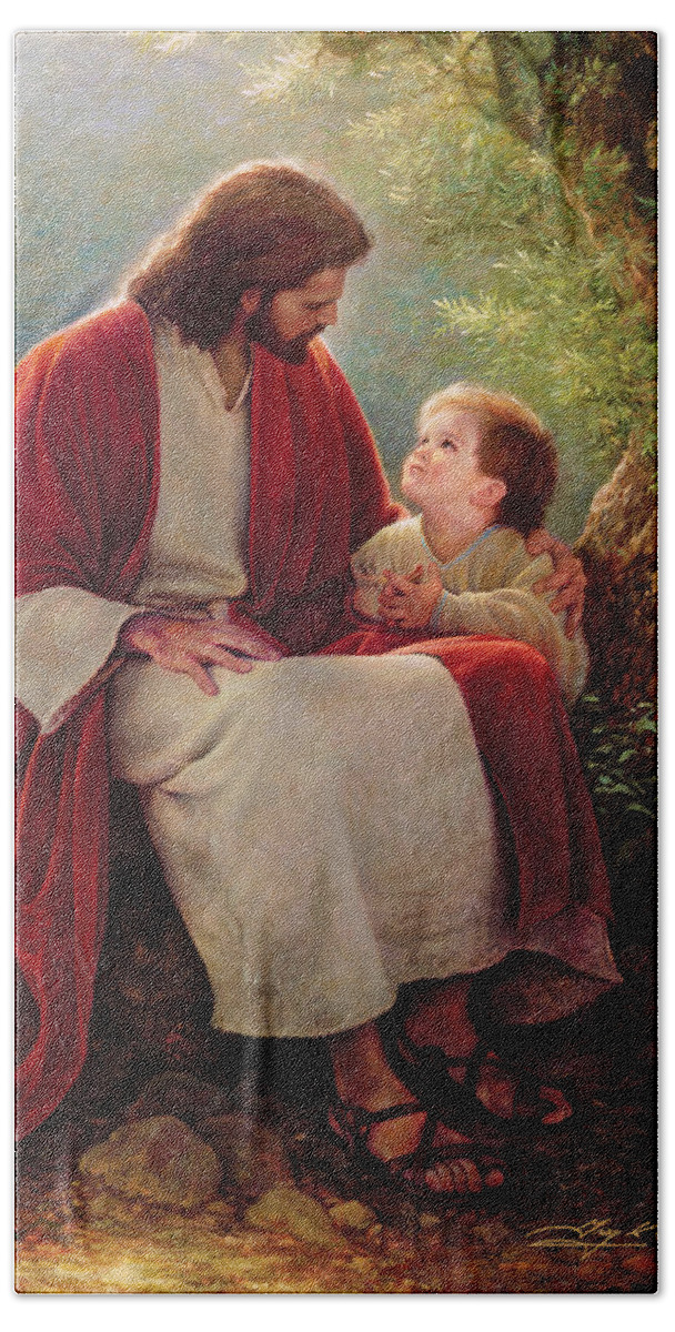 Jesus Hand Towel featuring the painting In His Light by Greg Olsen