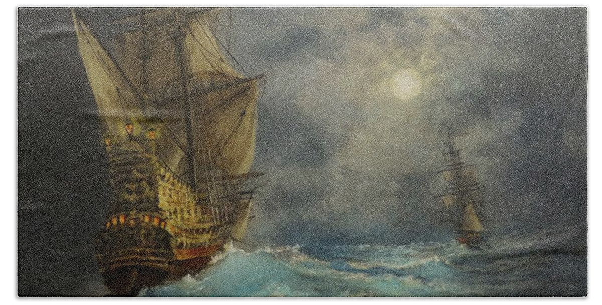 Pirate Ship Bath Towel featuring the painting In Pursuit by Tom Shropshire