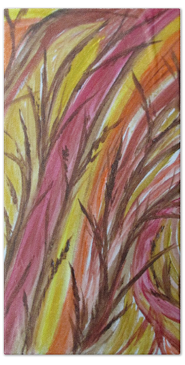 Abstract Fall Autumn Season Wind Magenta Gold Yellow Orange Burnt Umber Brown Hand Towel featuring the painting In Rushes Fall by Sharyn Winters