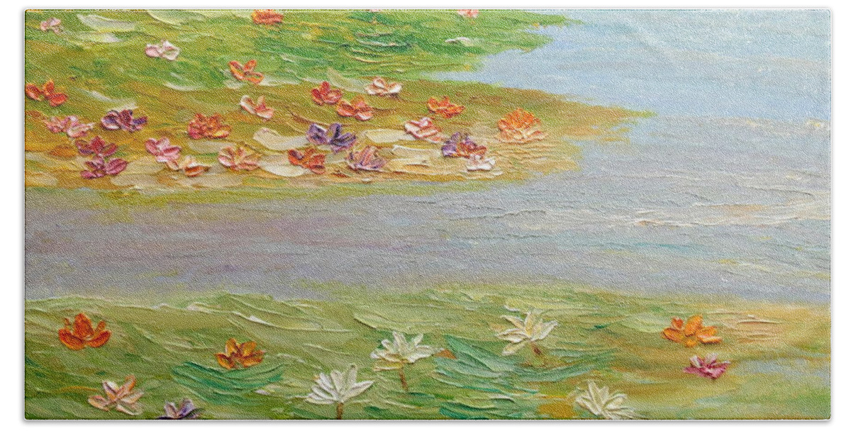 Waterlily Hand Towel featuring the painting In Shallow Waters by Angeles M Pomata