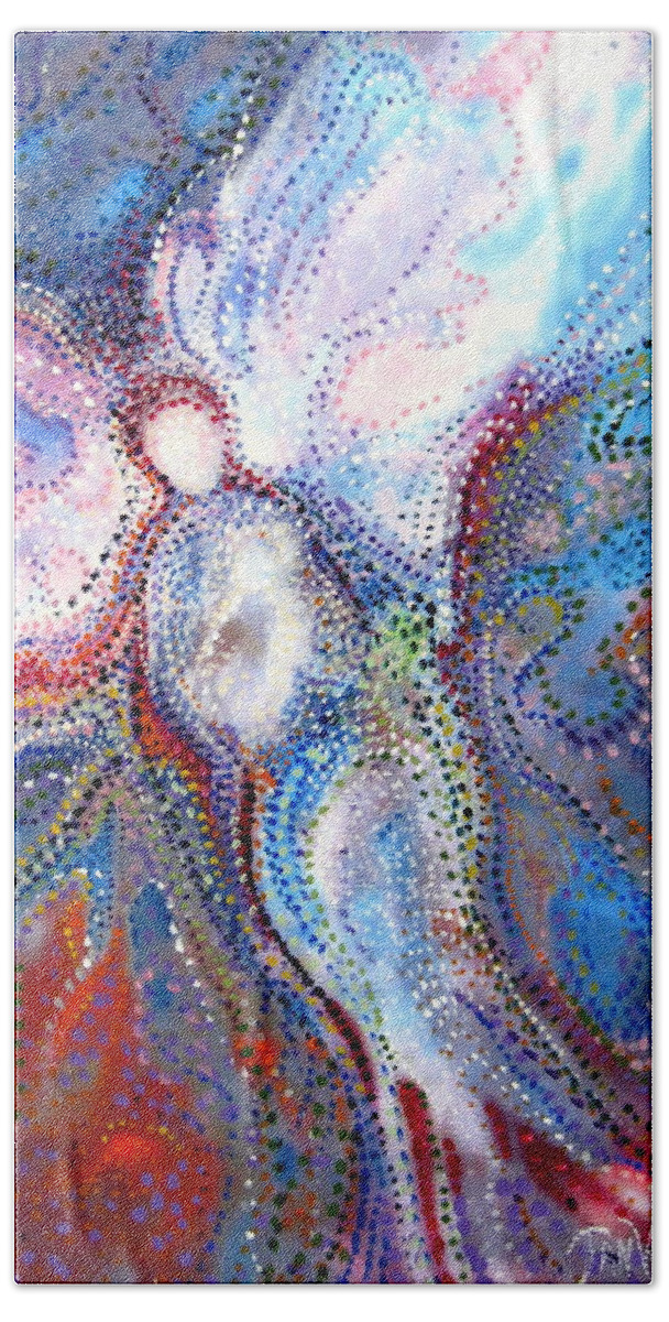 Pointillism Abstract Angel And Child  Hand Towel featuring the painting In the Care of by Jan VonBokel