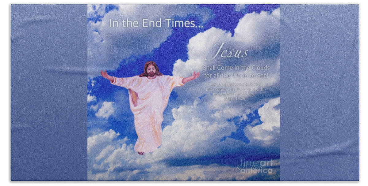 Relates To Passage From Mark 13:26 Jesus Shall Come In The Clouds Original Painting Of The Figure Of A Jewish Or Mediterranean Version Of Jesus Featured With Picture Of Clouds And Blue Skies Inspirational Religious Work Mixed Media Hand Towel featuring the mixed media In the End Times Jesus Will Come in the Clouds by Kimberlee Baxter