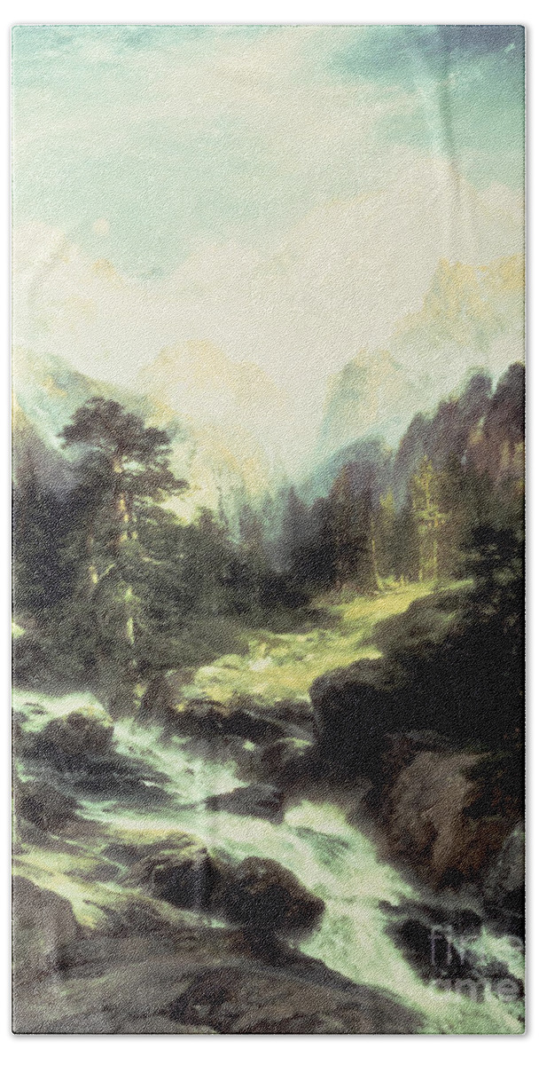 In The Teton Range Bath Towel featuring the painting In the Teton Range by Thomas Moran
