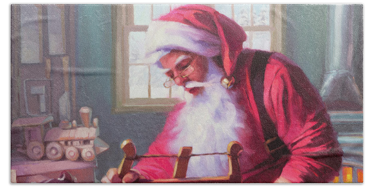 Santa Hand Towel featuring the painting In the Workshop by Steve Henderson