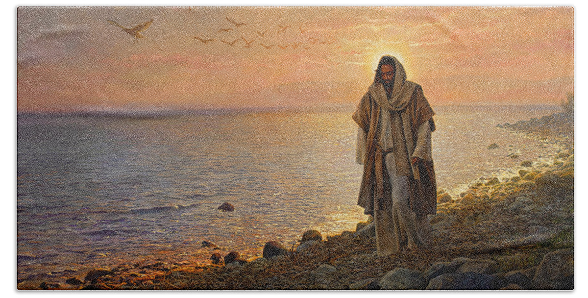 Jesus Hand Towel featuring the painting In the World Not of the World by Greg Olsen