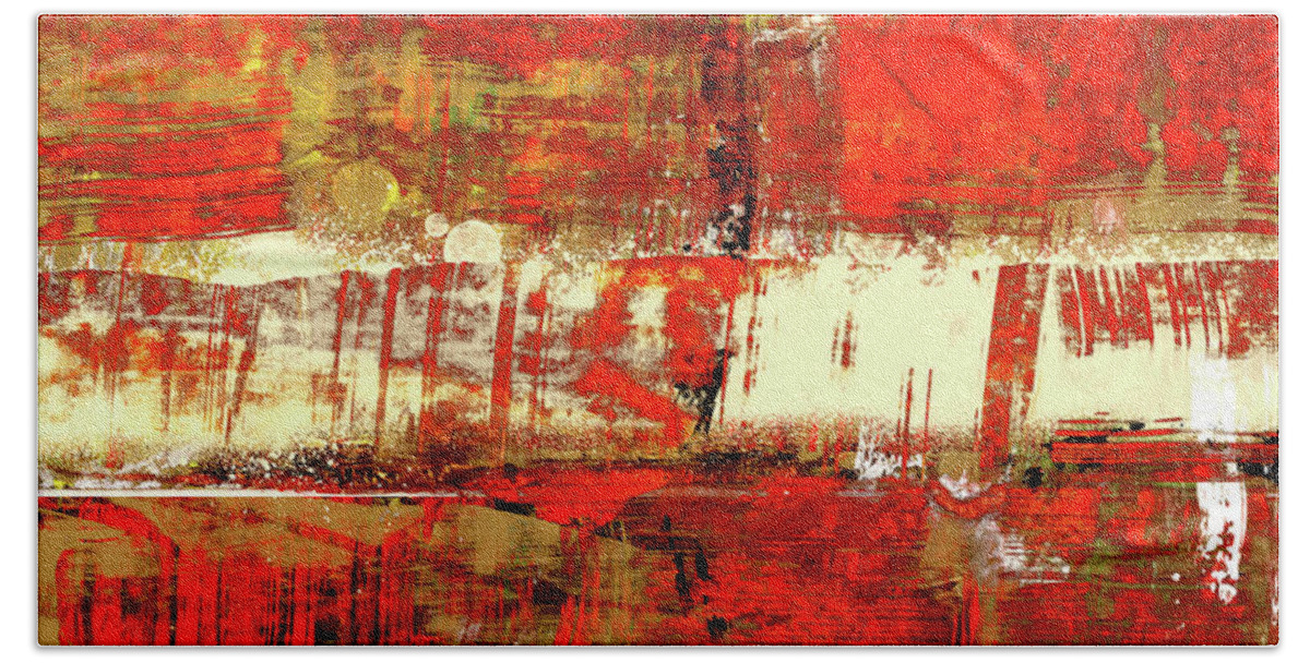 Red Bath Towel featuring the painting Indian Summer - Red Contemporary Abstract by Modern Abstract