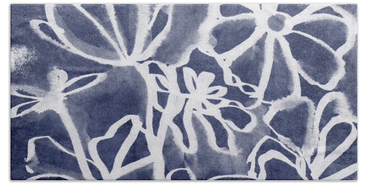 Indigo Hand Towel featuring the painting Indigo Floral 3- Art by Linda Woods by Linda Woods