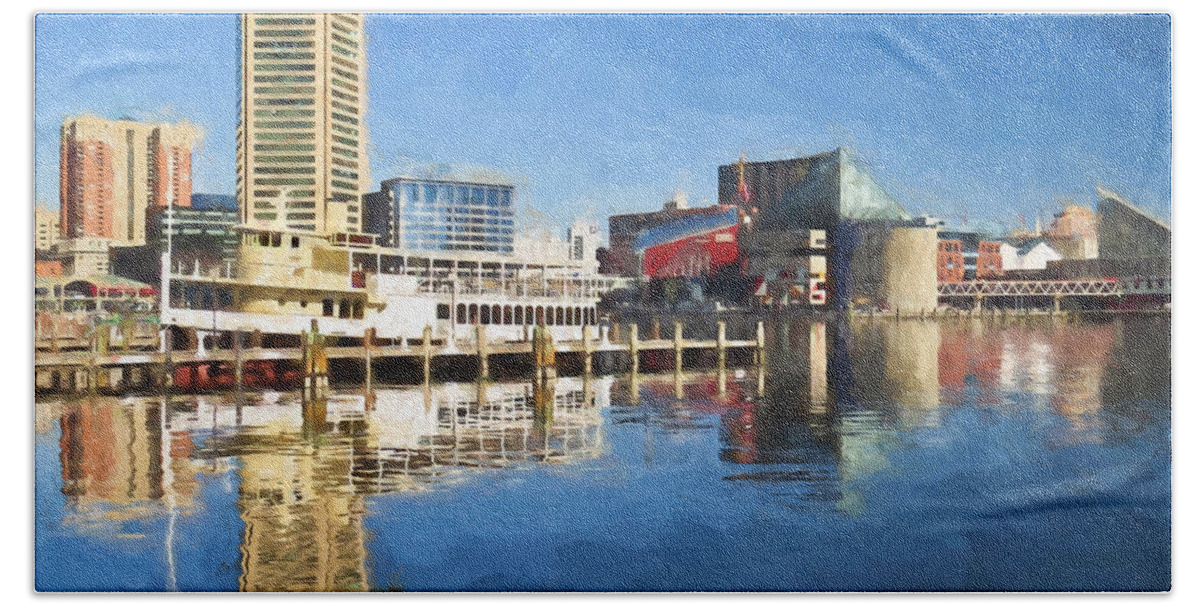 Baltimore Inner Harbor Bath Towel featuring the painting Inner Harbor Reflections by Kerri Farley