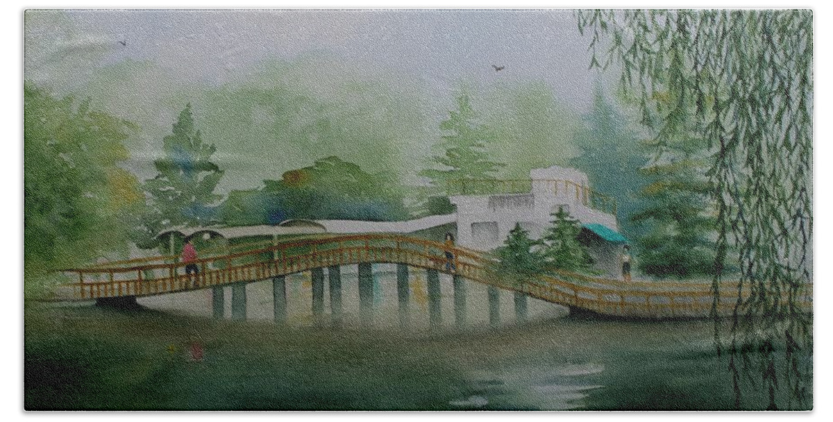 Japan Hand Towel featuring the painting Inokashira Bridge in Summer by Kelly Miyuki Kimura