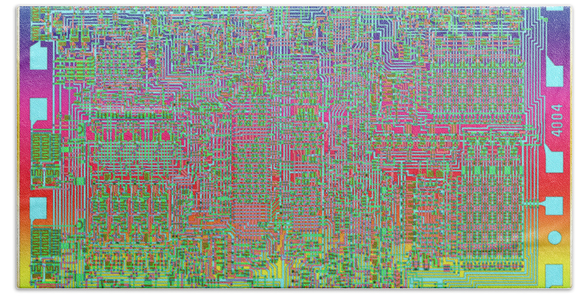 Intel Bath Towel featuring the digital art Intel 4004 CPU 4 bit Central Processing Unit CPU Computer Chip Integrated Circuit Mask, Abstract 5 by Kathy Anselmo