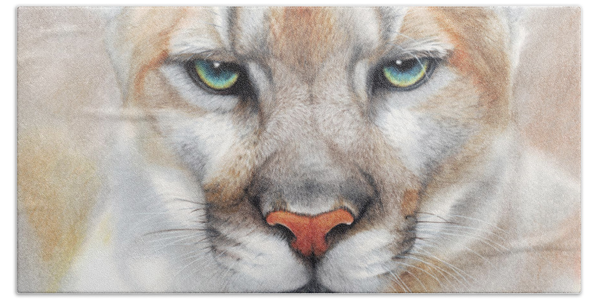 Mountain Lion Hand Towel featuring the drawing Intensity - mountain lion - puma by Peter Williams