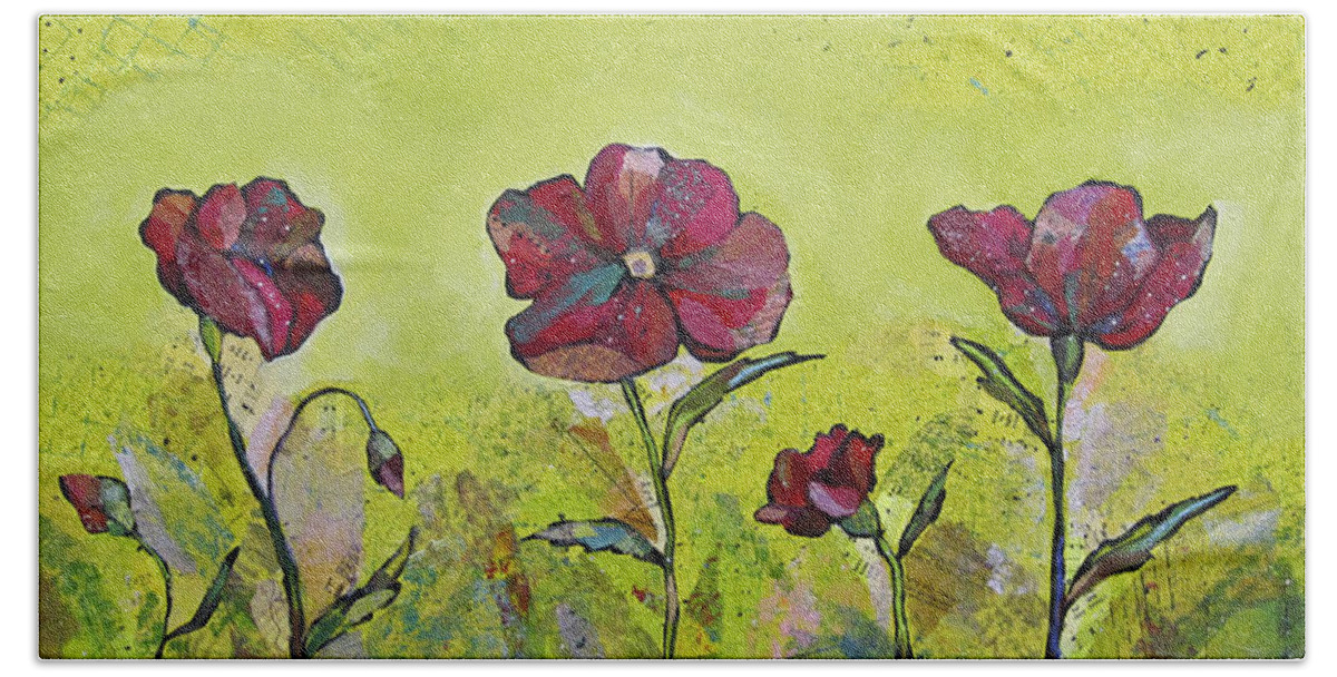 Bright Bath Sheet featuring the painting Intensity of the Poppy II by Shadia Derbyshire
