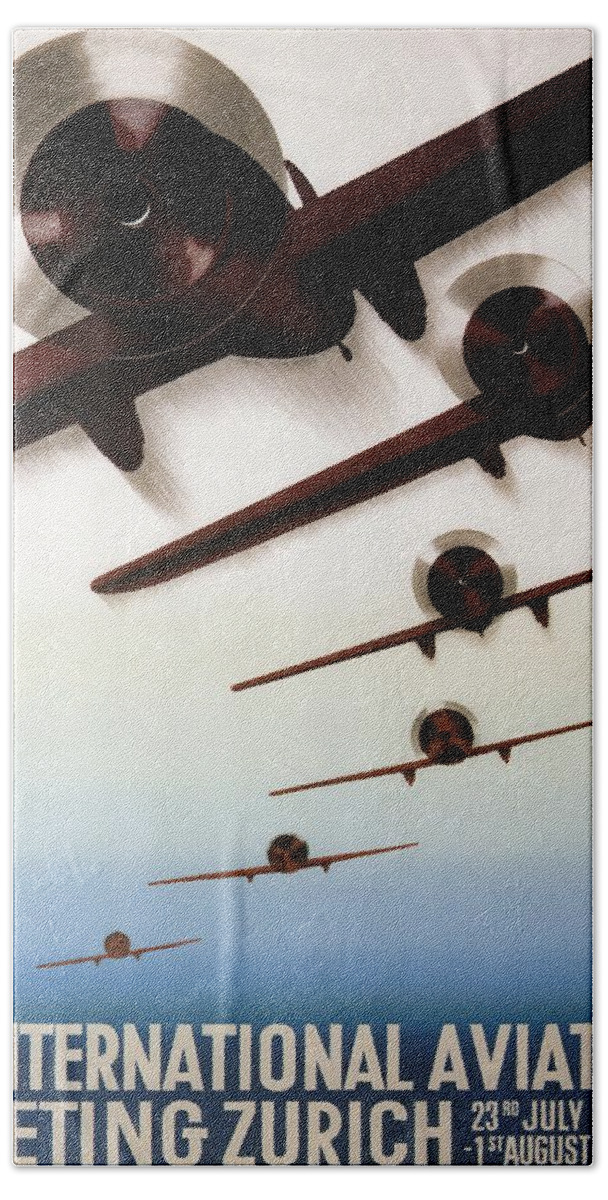 Aviation Hand Towel featuring the mixed media International Aviation Meeting 1937, Zurich, Switzerland - Retro travel Poster - Vintage Poster by Studio Grafiikka