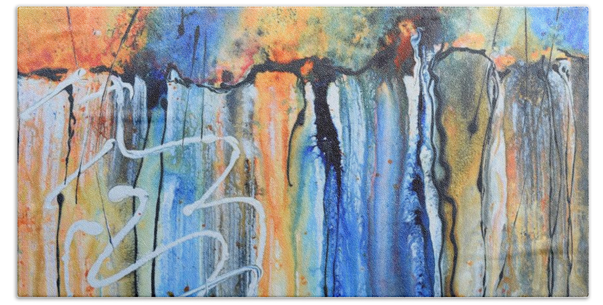 Abstract Hand Towel featuring the painting Into the Earth by Nancy Jolley