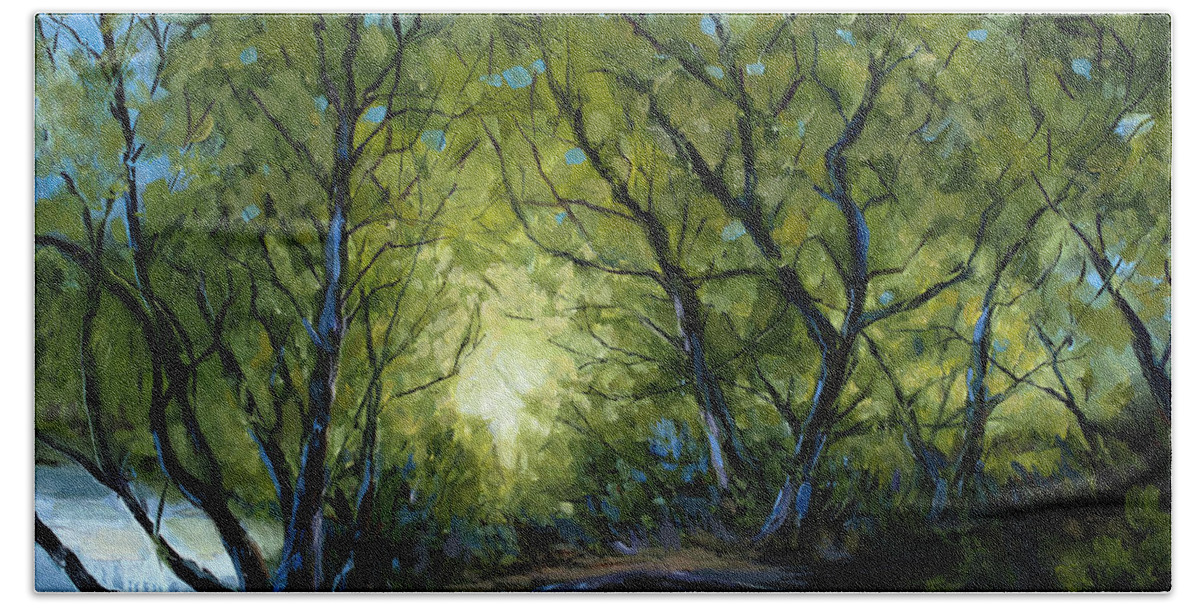 Trees Bath Towel featuring the painting Into the Light by Billie Colson
