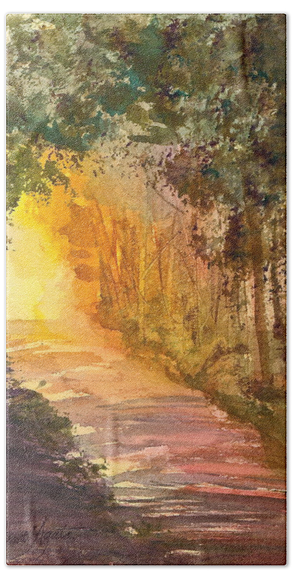 Path Hand Towel featuring the painting Into the Light by Frank SantAgata